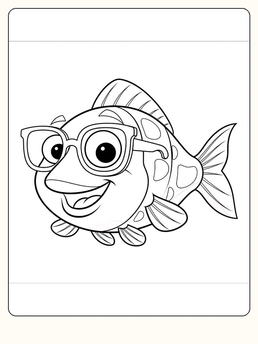 Tegning til farvelægning af smilende fisk med briller, klar til print