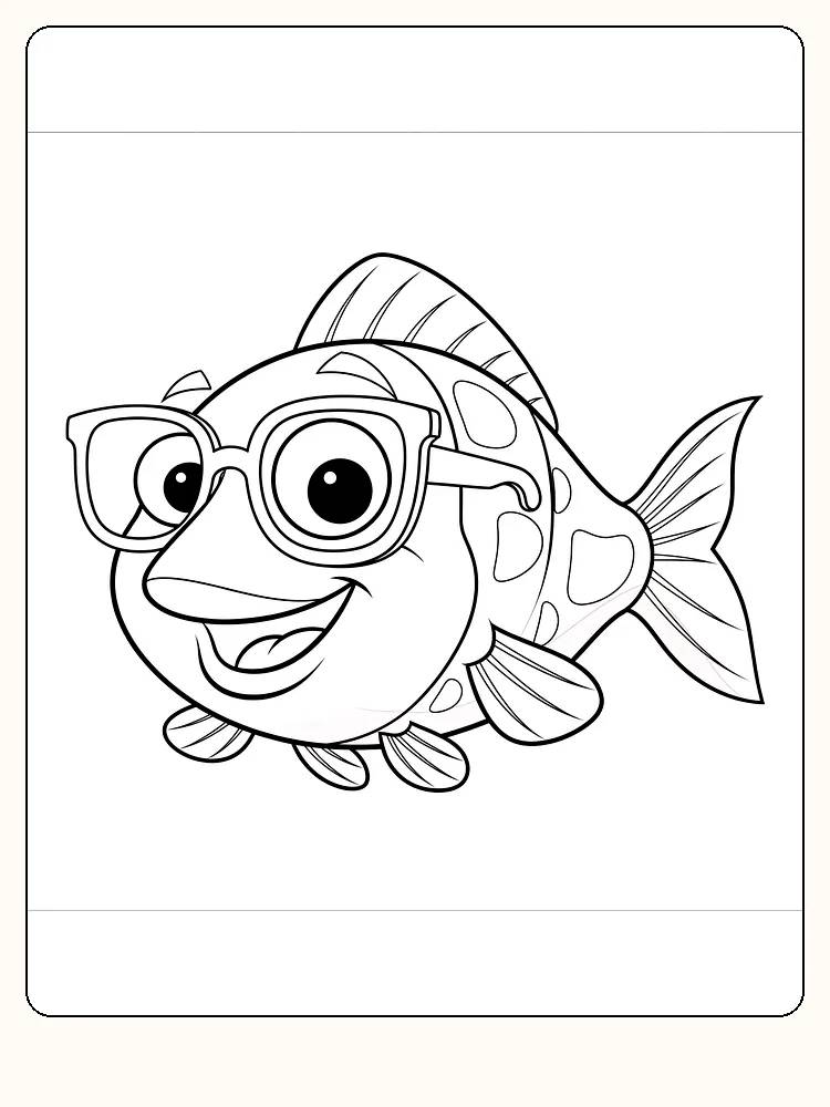Tegning til farvelægning af smilende fisk med briller, klar til print