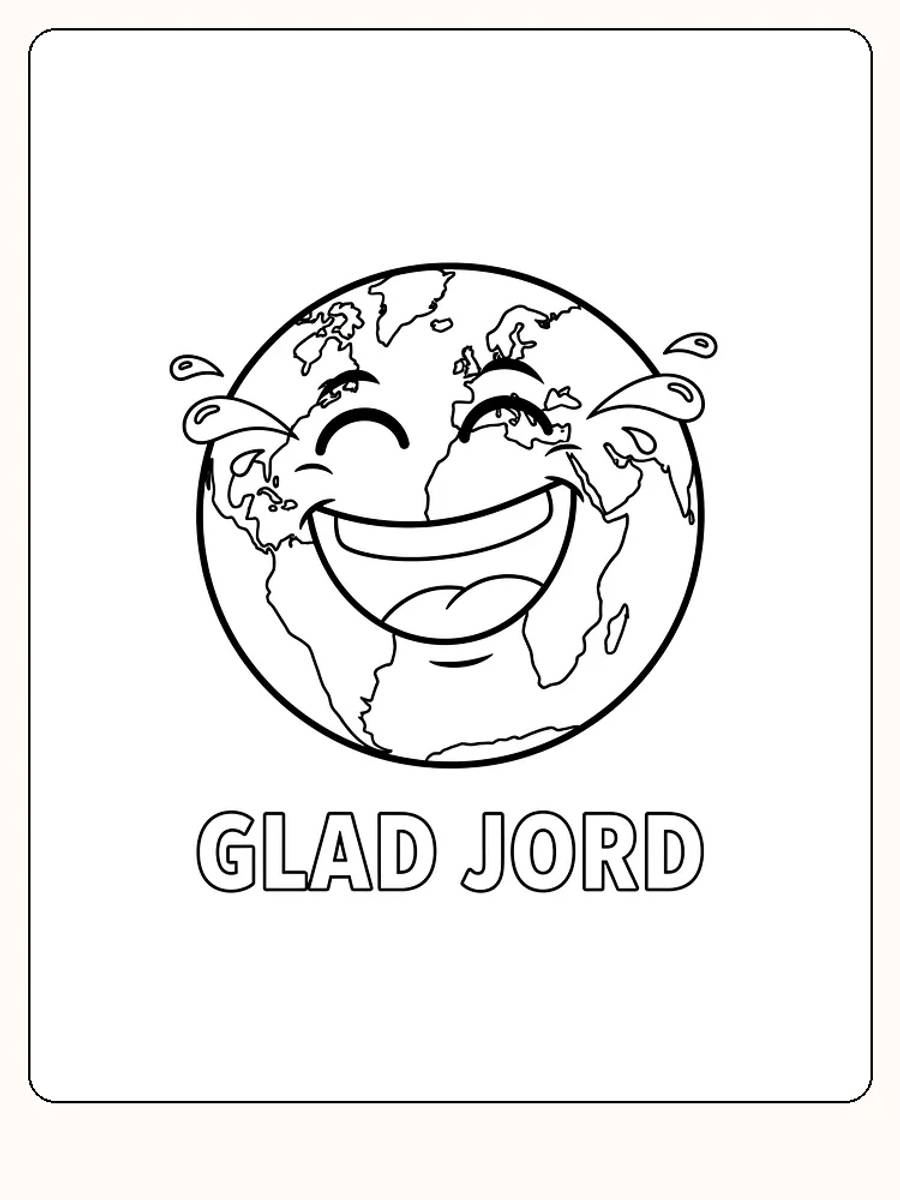 Fargeleggingstegning av en jordklode med et stort smil og glade øyne, klar til å bli fargelagt