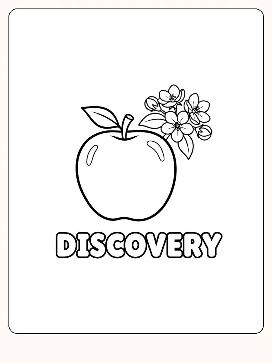 Tegning til farvelægning af et æble med blomster og teksten 'DISCOVERY', klar til print