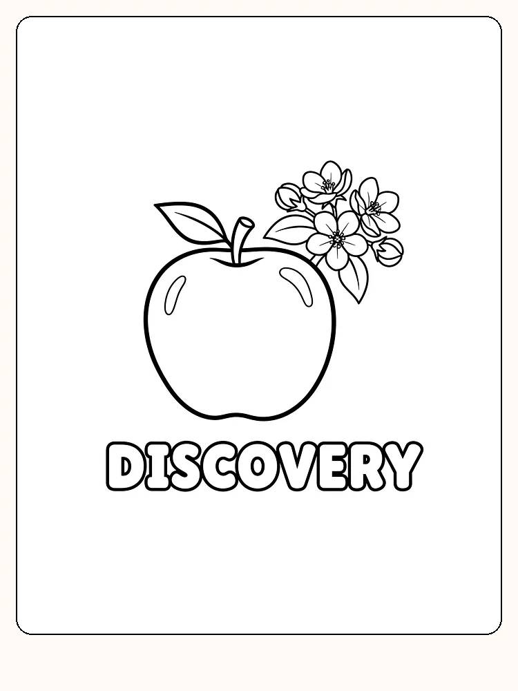 Tegning til farvelægning af et æble med blomster og teksten 'DISCOVERY', klar til print