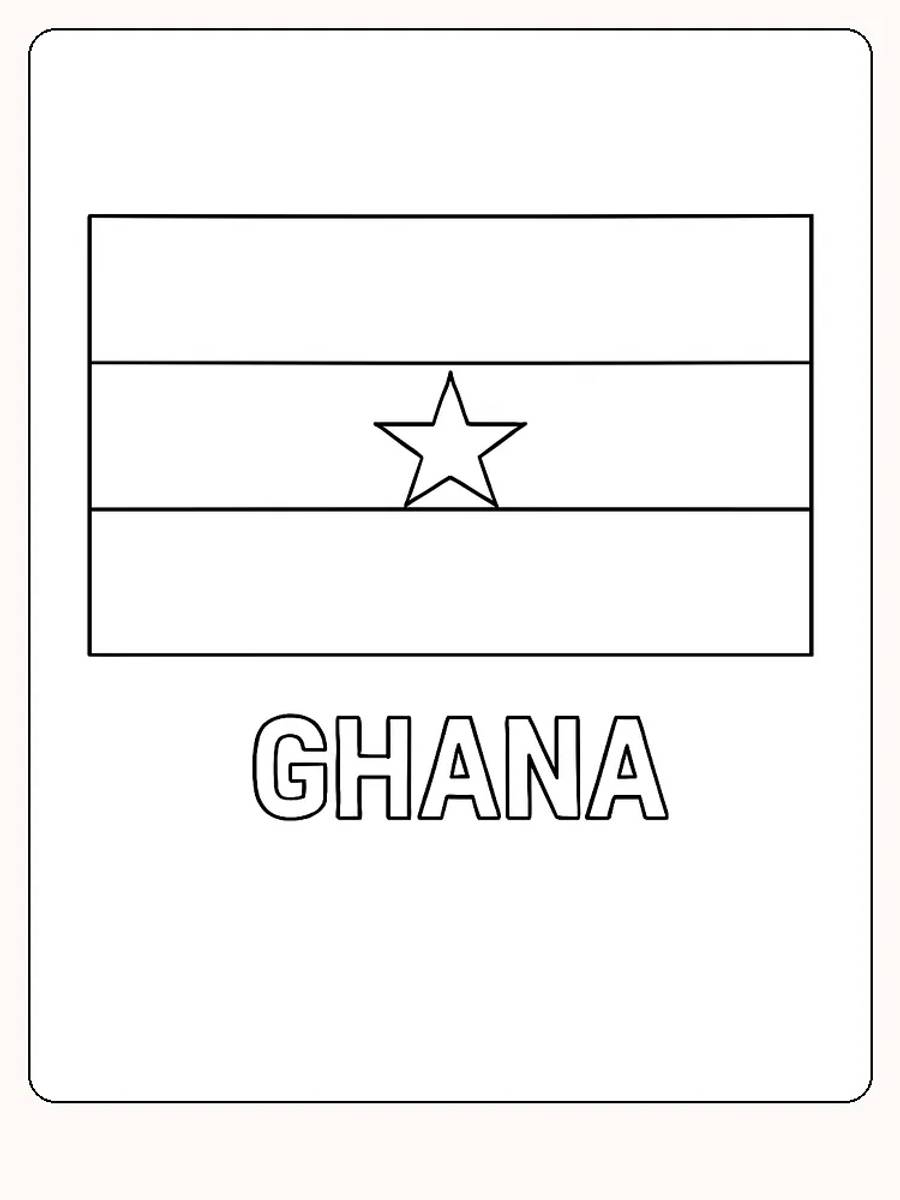 Ghana-Flagge in Rot, Gelb und Grün mit einem schwarzen Stern, bereit zum Ausmalen.