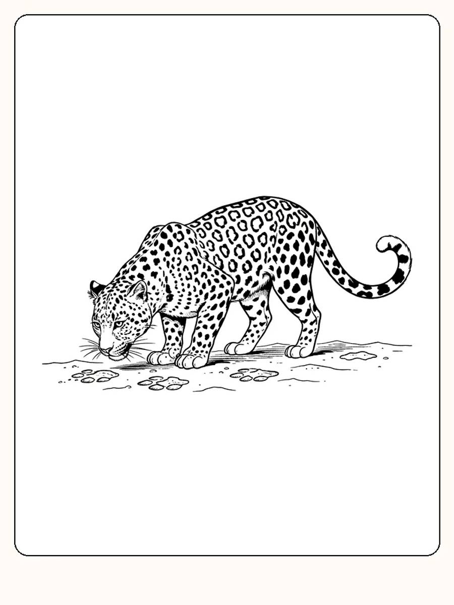 Fargeleggingstegning av en leopard som snuser i jungelen, klar for nedlasting