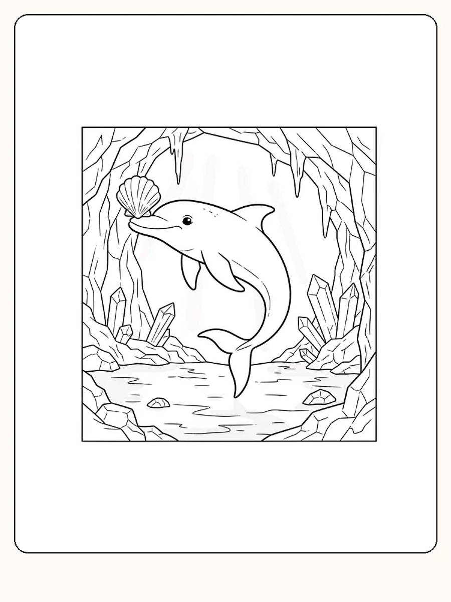 Tegning til farvelægning af en delfin i en undervandshule med en muslingeskal, klar til print