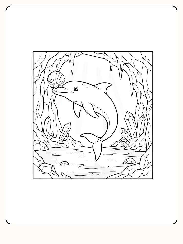 Tegning til farvelægning af en delfin i en undervandshule med en muslingeskal, klar til print
