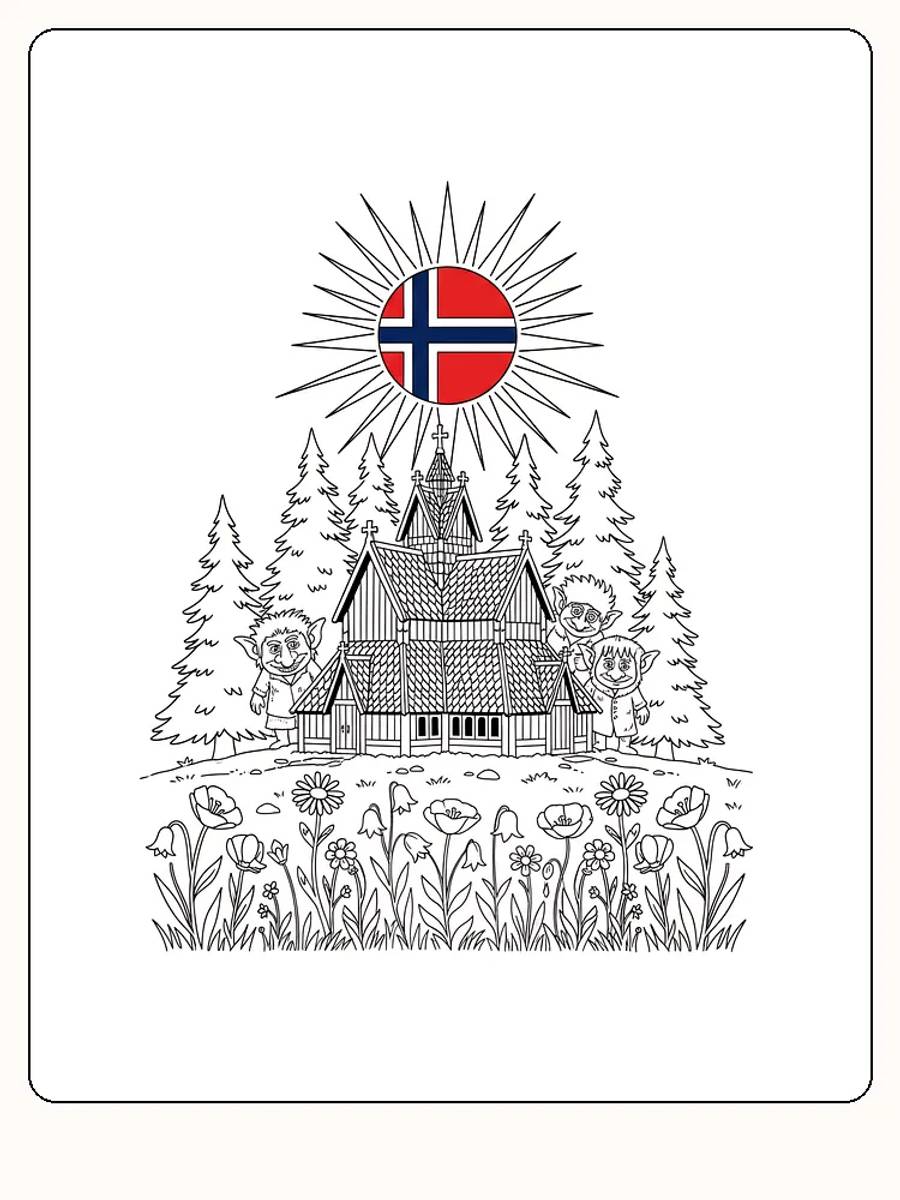Fargeleggingsbilde av stavkirke omgitt av troll, blomster og en sol med norsk flagg
