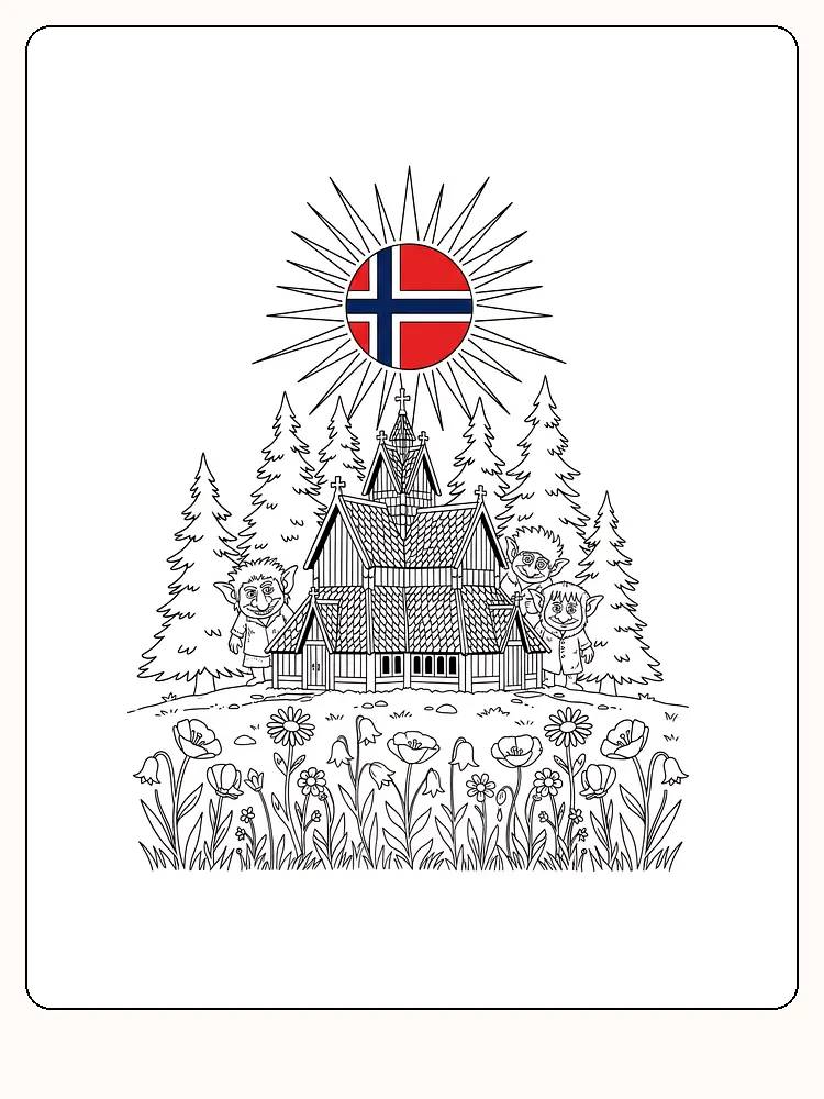 Fargeleggingsbilde av stavkirke omgitt av troll, blomster og en sol med norsk flagg