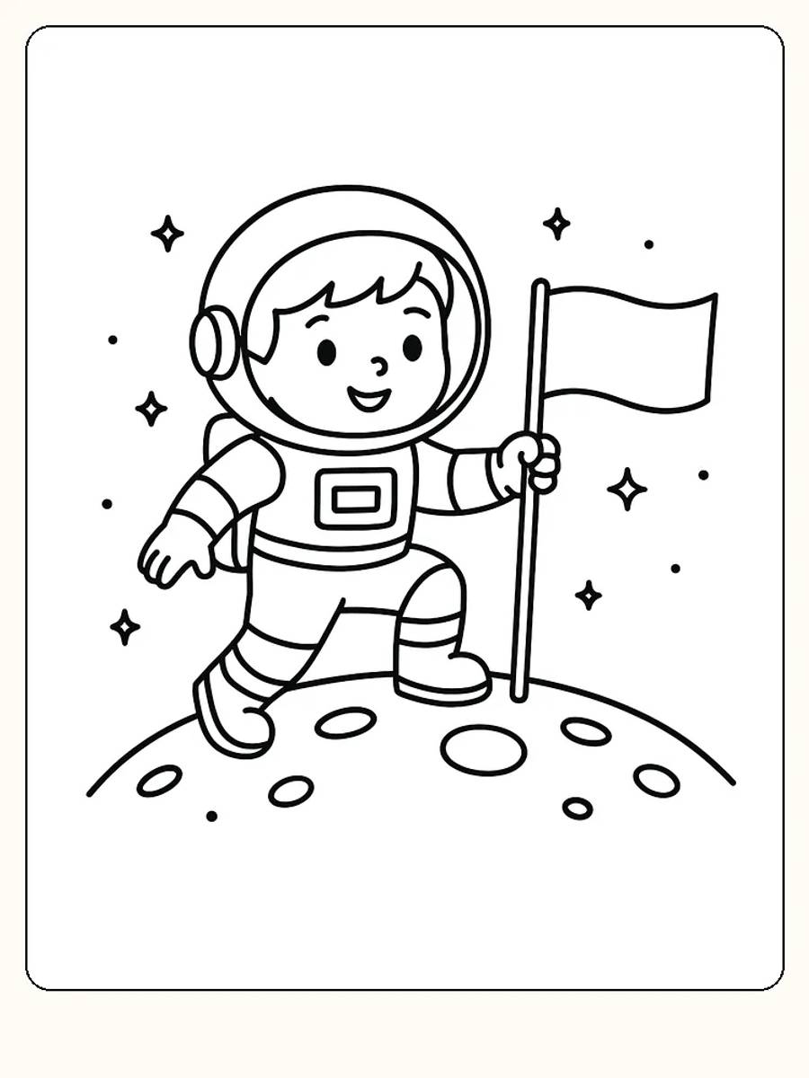 Tegning til farvelægning af barn i astronautdragt med flag på månen