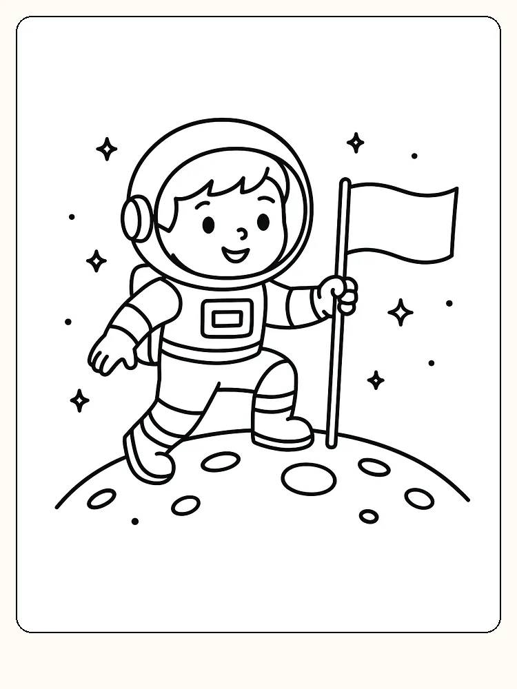 Tegning til farvelægning af barn i astronautdragt med flag på månen