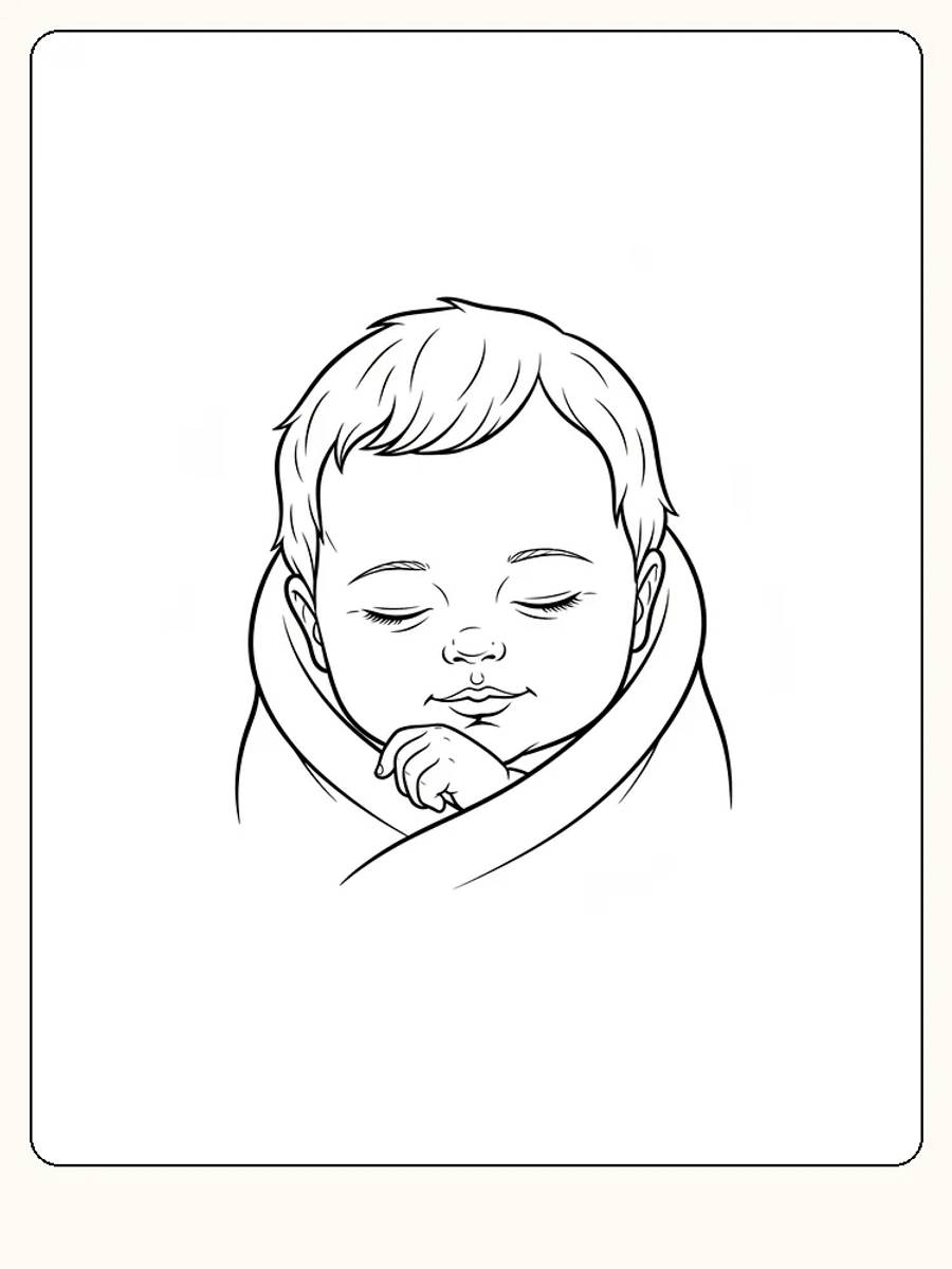 Fargeleggingstegning av en sovende baby pakket inn i et teppe, perfekt for utskrift