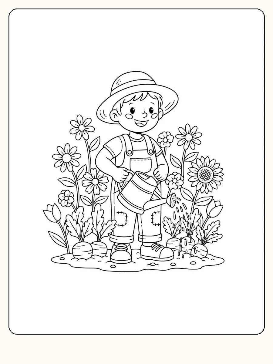 Tegning til farvelægning af en dreng, der vander blomster i haven, klar til print
