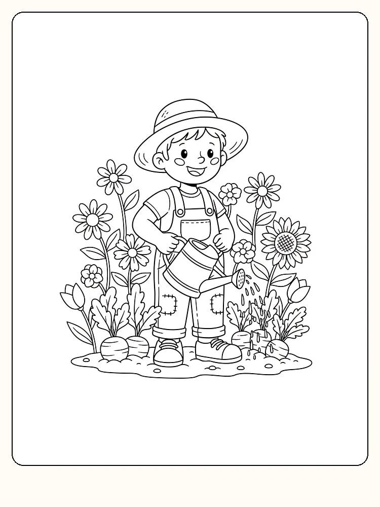 Tegning til farvelægning af en dreng, der vander blomster i haven, klar til print