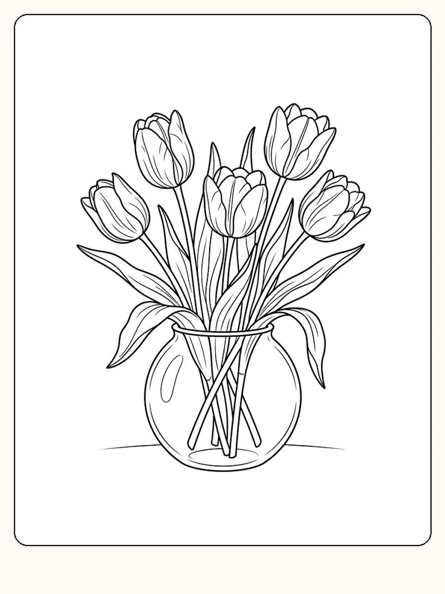 Blomster i en rund glassvase: bukett med fem tulipaner, lange blader over vasekanten og en kort bakkelinje under