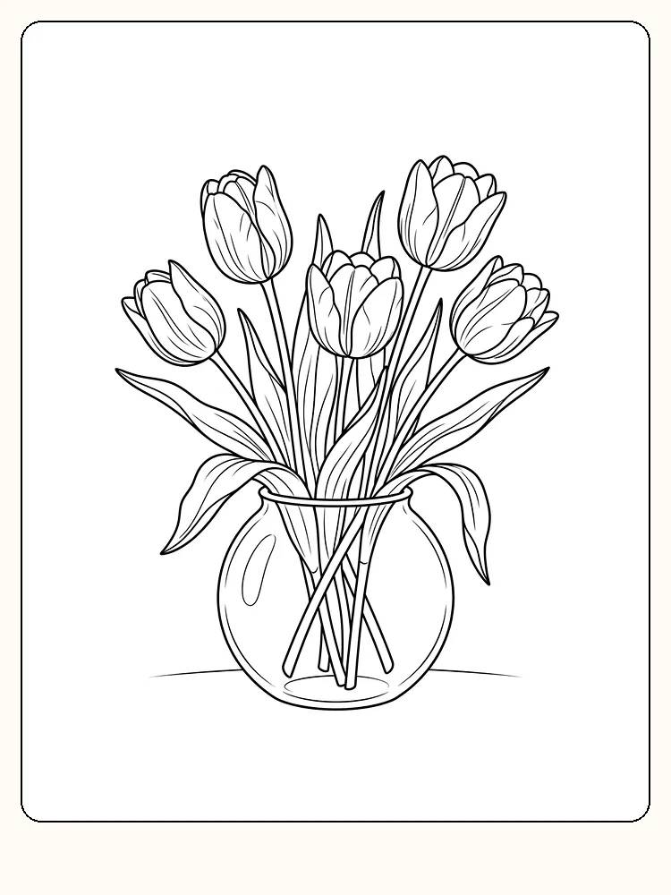 Blomster i en rund glassvase: bukett med fem tulipaner, lange blader over vasekanten og en kort bakkelinje under