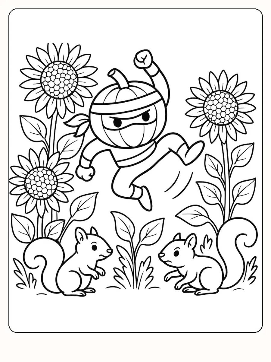 Tegning til farvelægning af græskar-ninja omgivet af solsikker og egern, klar til print