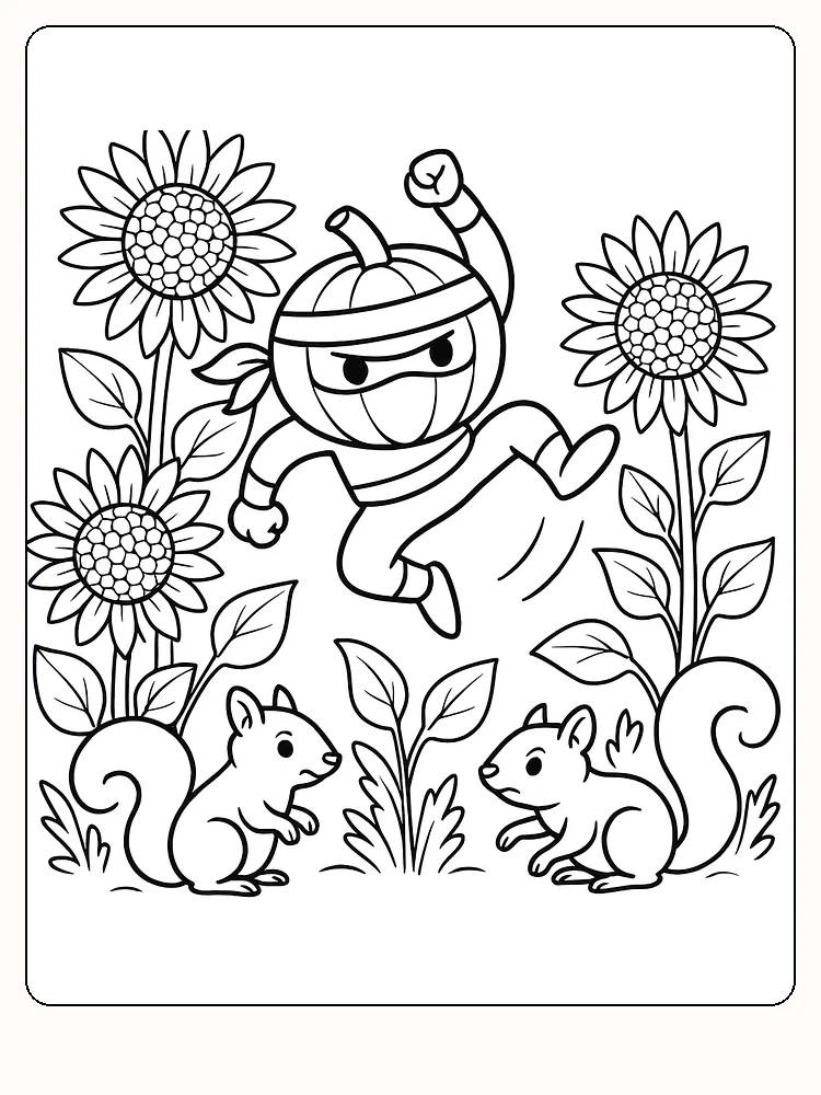 Tegning til farvelægning af græskar-ninja omgivet af solsikker og egern, klar til print