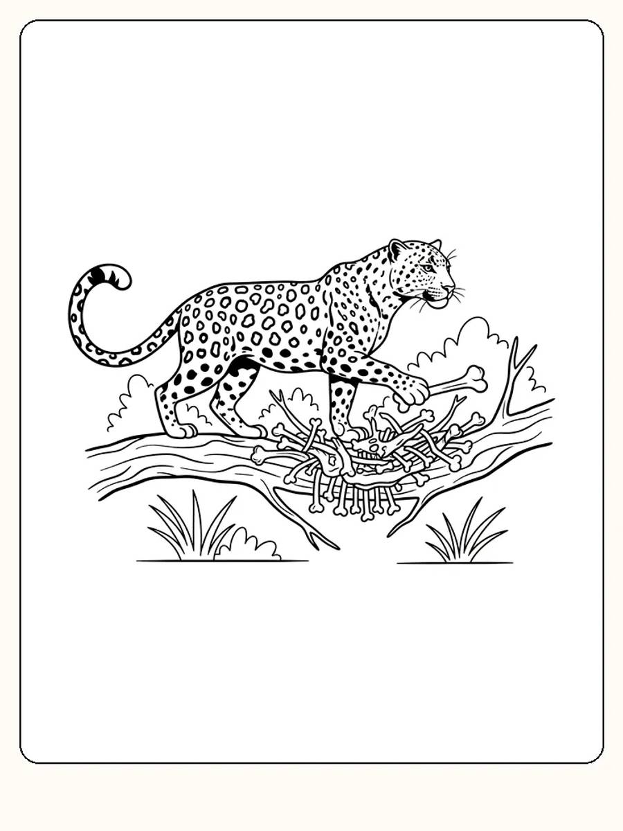 Fargeleggingstegning av en gepard som klatrer på en tregren med beinrester