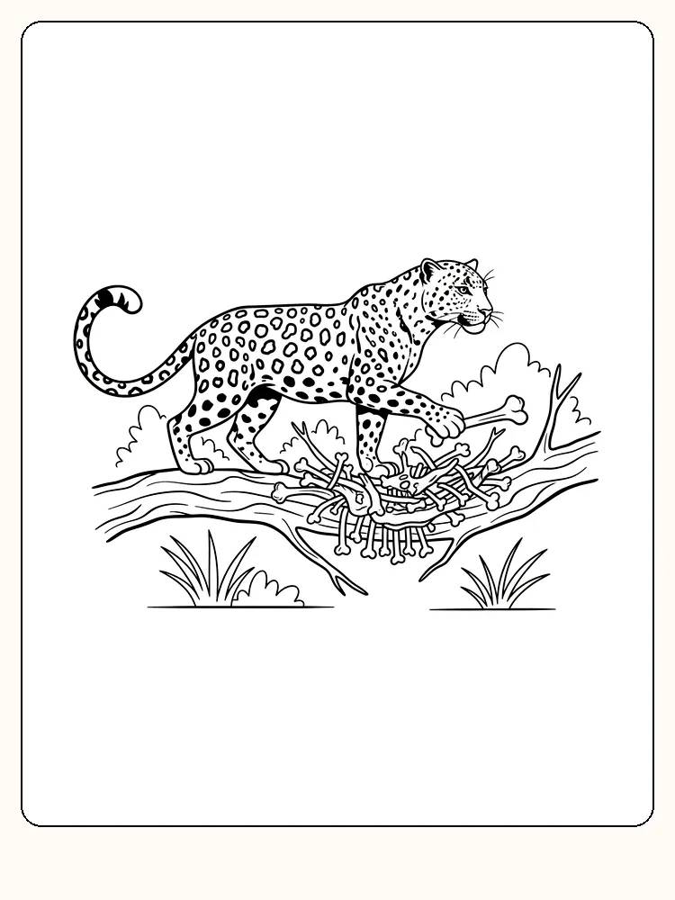 Fargeleggingstegning av en gepard som klatrer på en tregren med beinrester