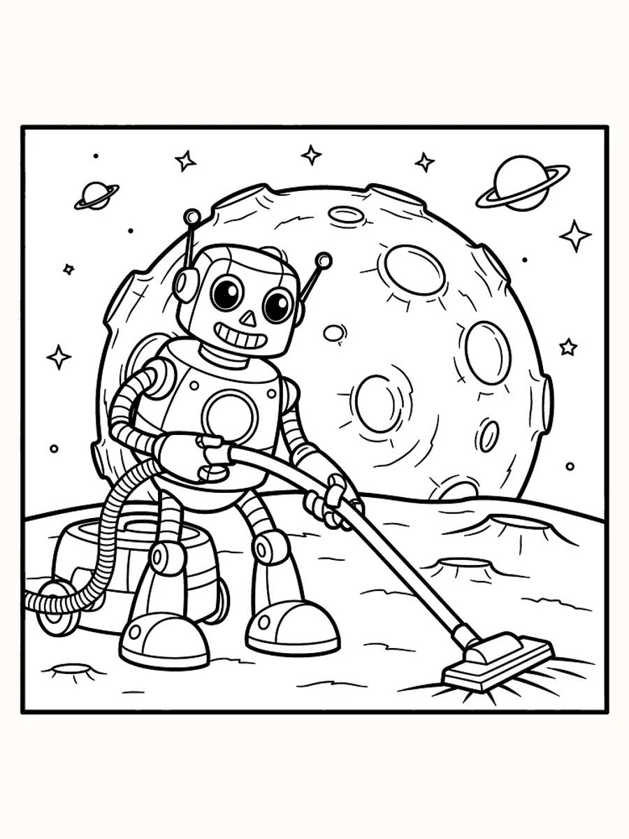 Robot, der støvsuger på månen, sjov og kreativ tegning til farvelægning