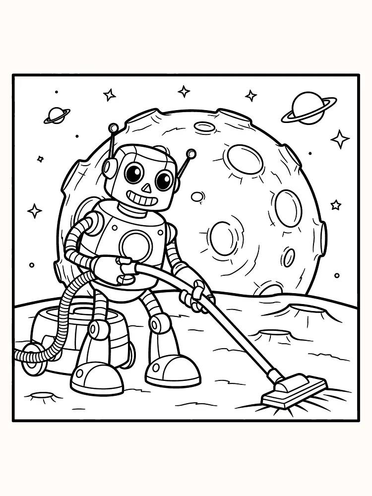 Robot, der støvsuger på månen, sjov og kreativ tegning til farvelægning