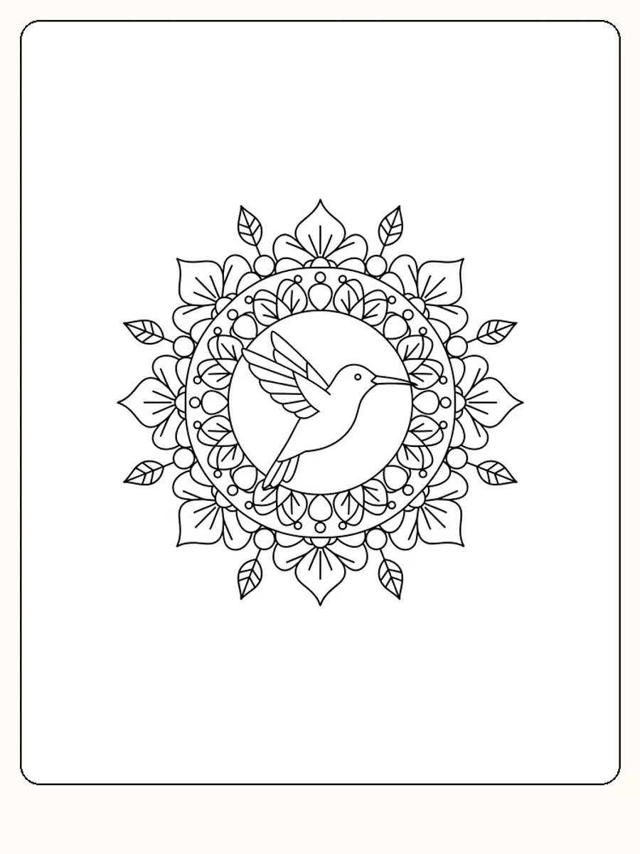 Detaljert fargelegging av en kolibri i mandala-mønster, klar for fargelegging