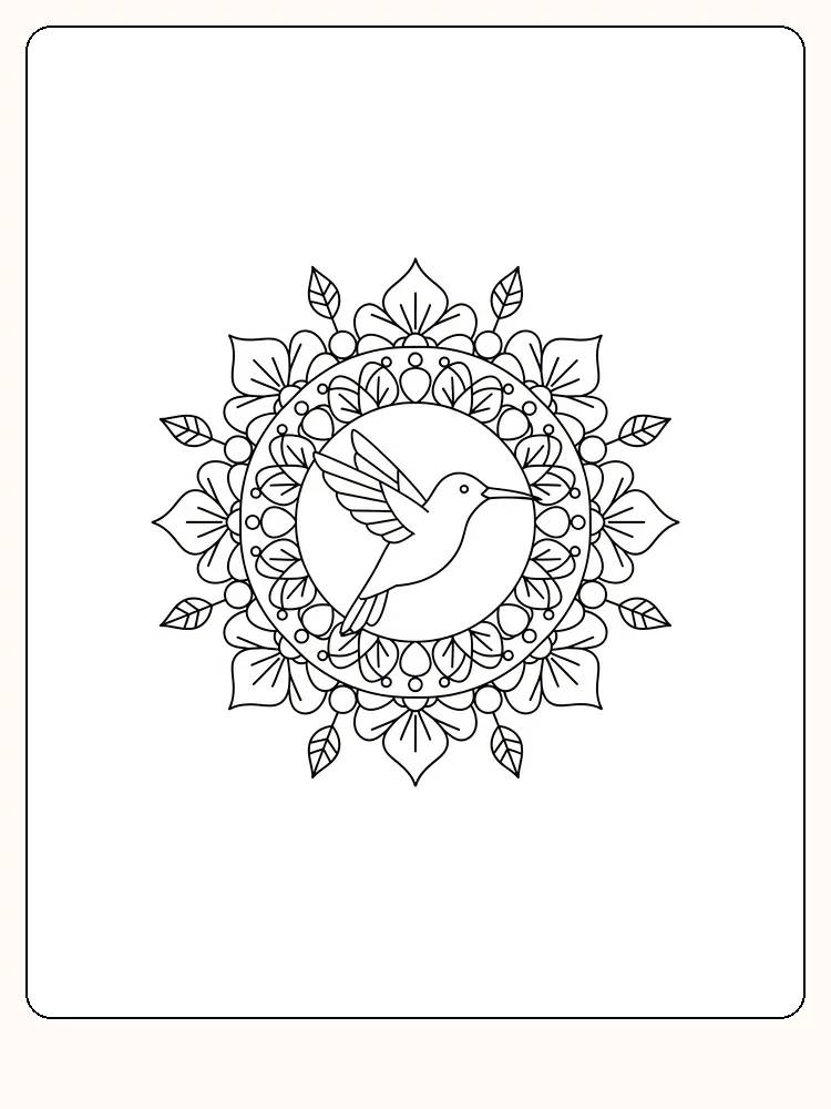 Detaljert fargelegging av en kolibri i mandala-mønster, klar for fargelegging