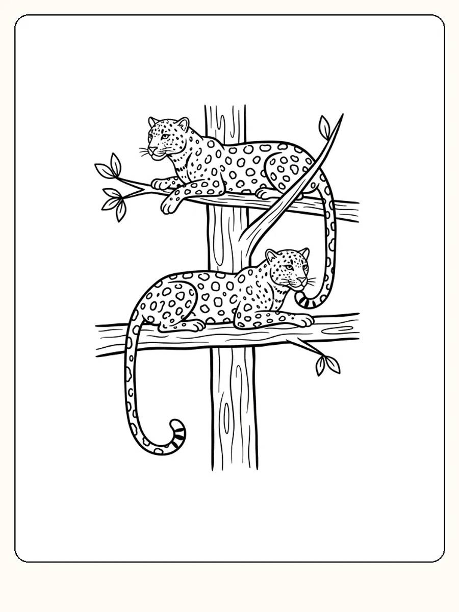 Fargeleggingsbilde med to leoparder som hviler i et tre, klare for utskrift