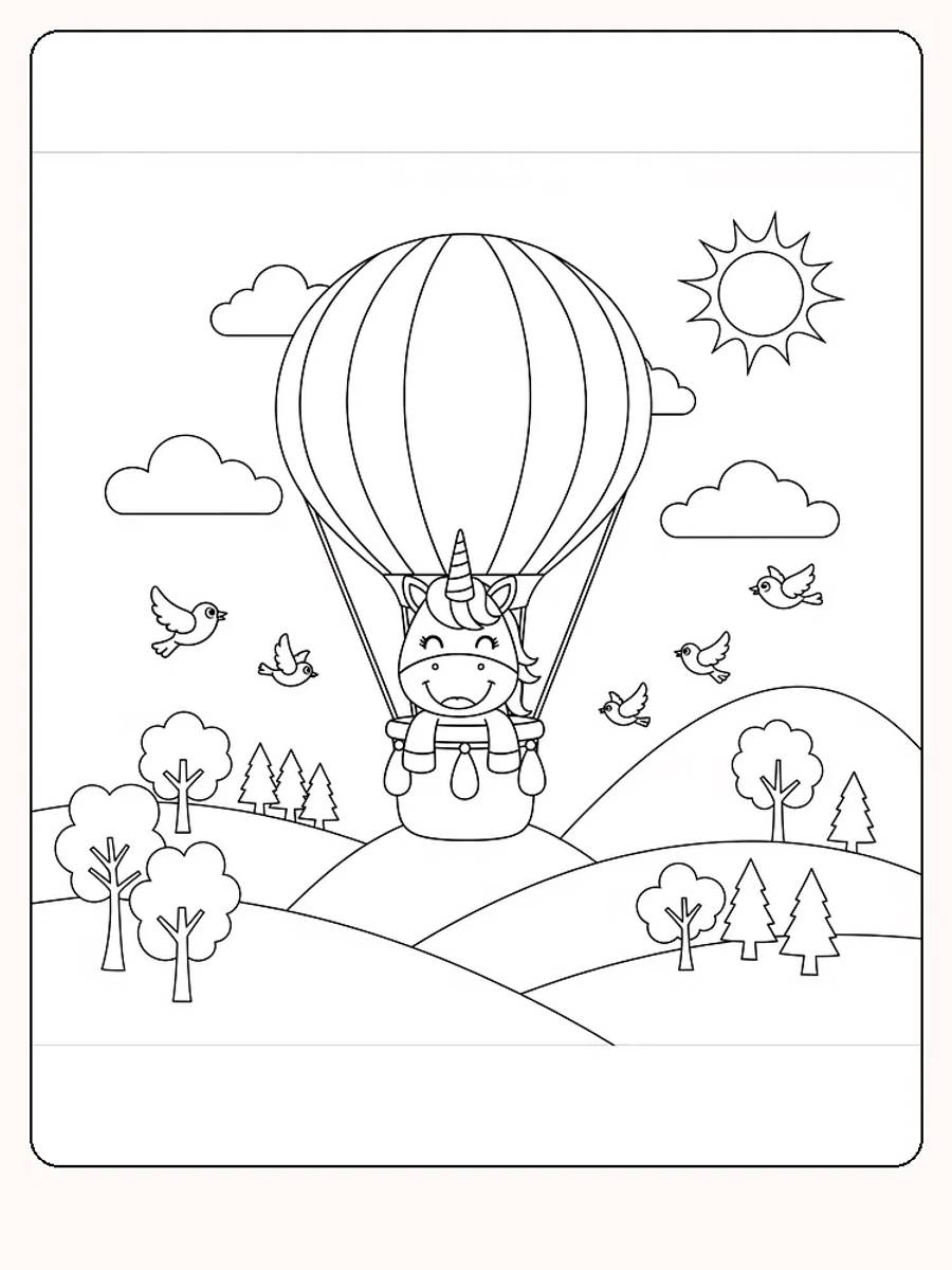 Tegning til farvelægning af en enhjørning i luftballon med sol og fugle, klar til print