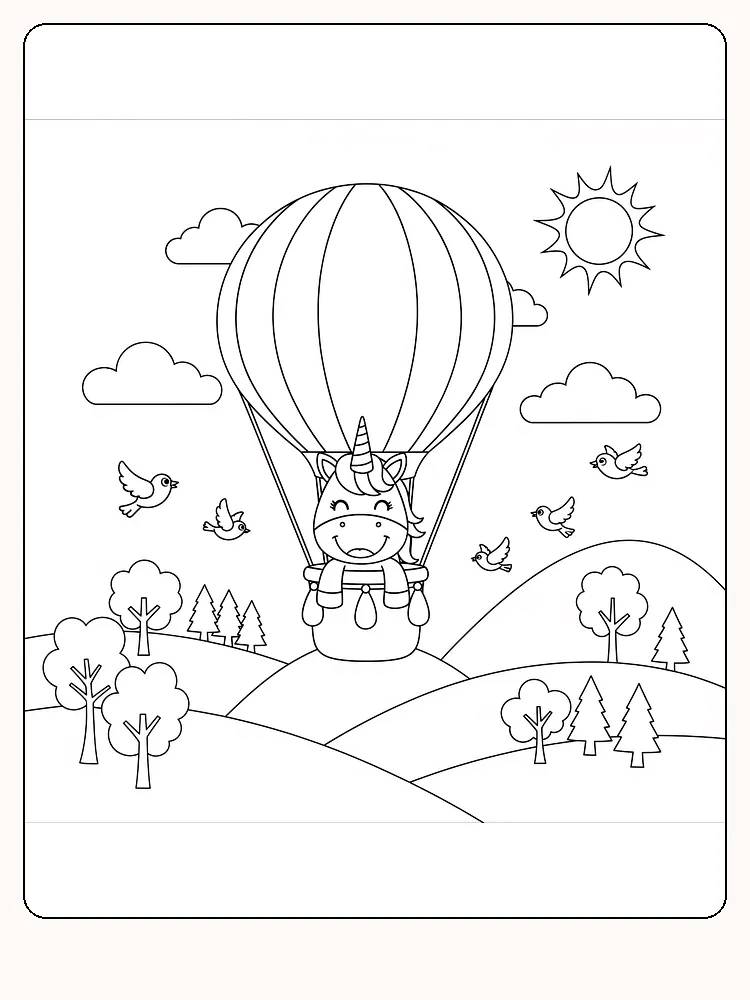 Tegning til farvelægning af en enhjørning i luftballon med sol og fugle, klar til print