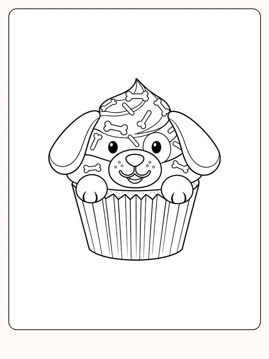 Fargeleggingstegning av en hund i en muffin med beinmønster, klar for utskrift