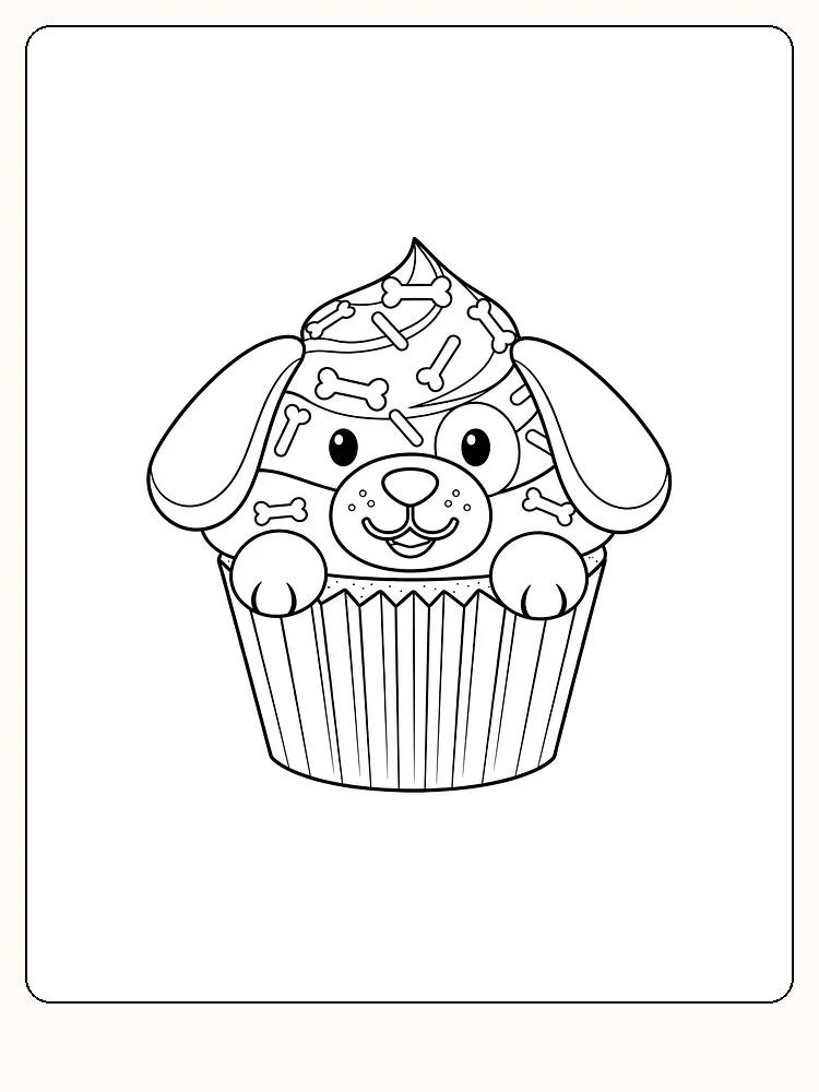 Fargeleggingstegning av en hund i en muffin med beinmønster, klar for utskrift