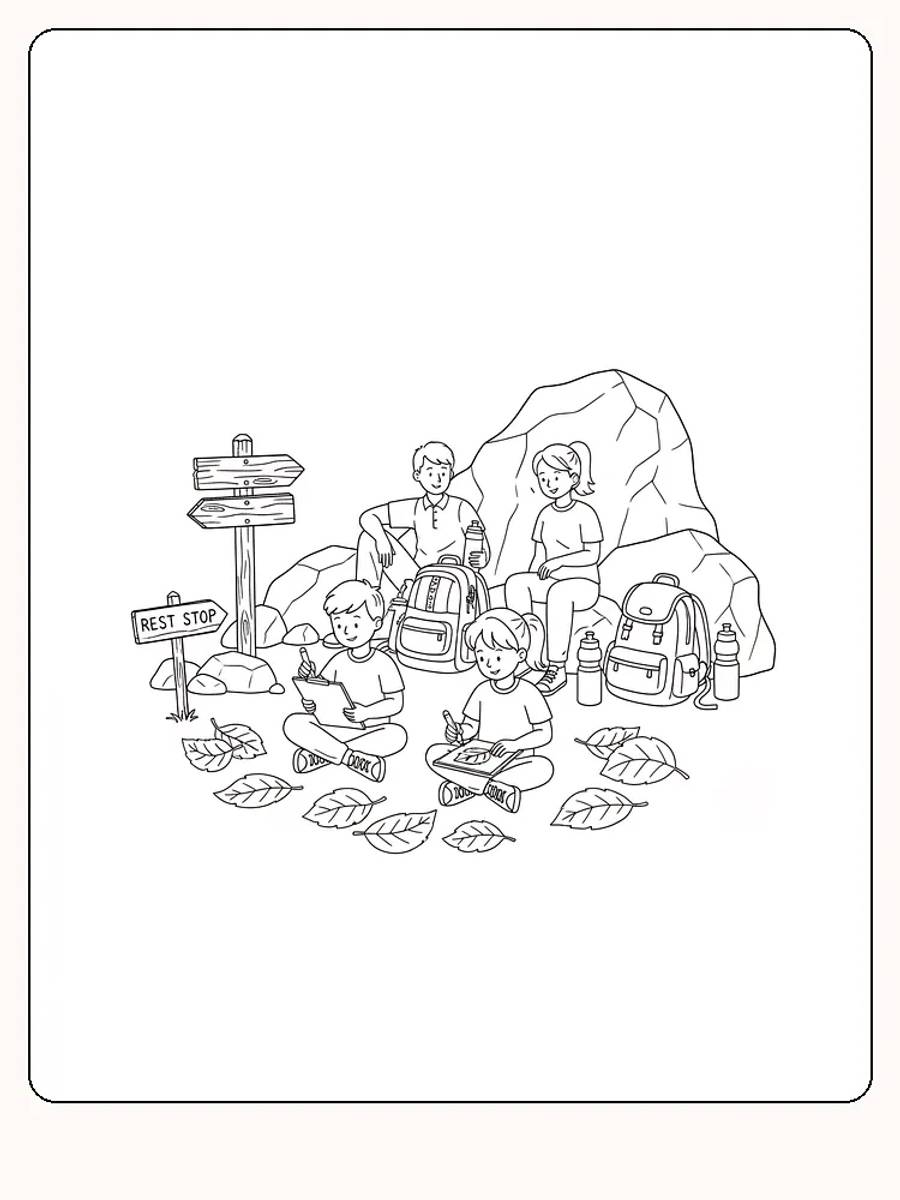 Tegning til farvelægning af en familie på picnic ved en rasteplads om efteråret
