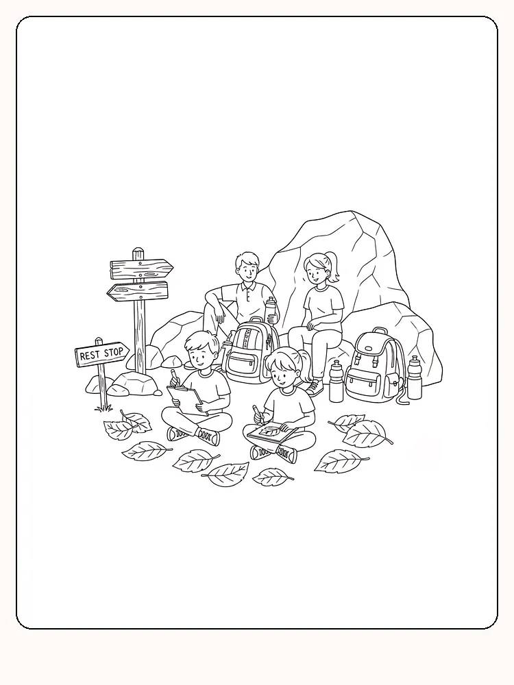 Tegning til farvelægning af en familie på picnic ved en rasteplads om efteråret
