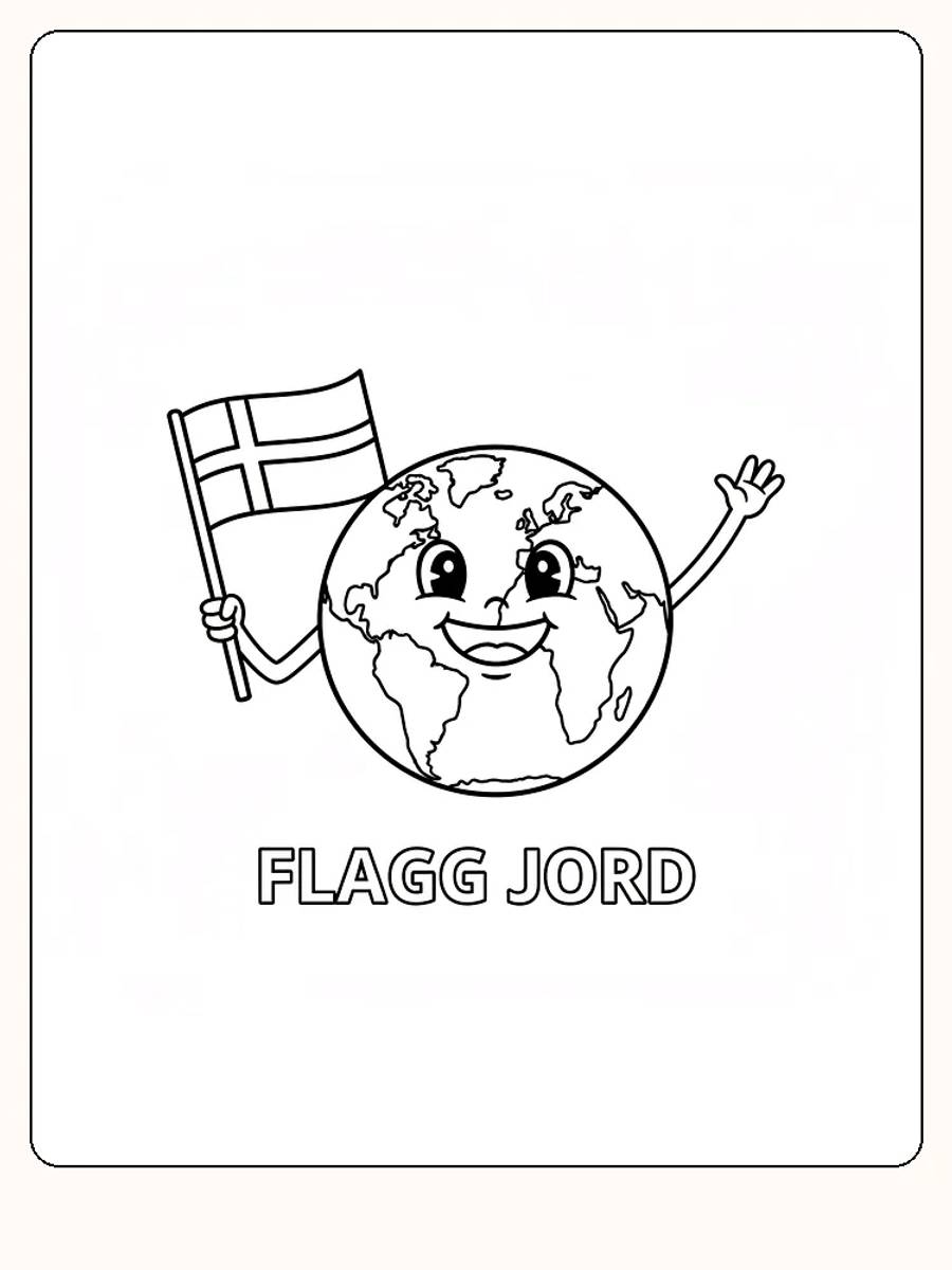Farvelæg en jordklode med smilende ansigt, der holder et flag