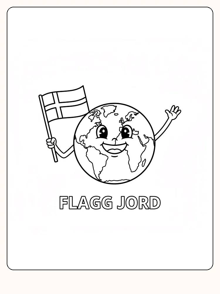 Farvelæg en jordklode med smilende ansigt, der holder et flag
