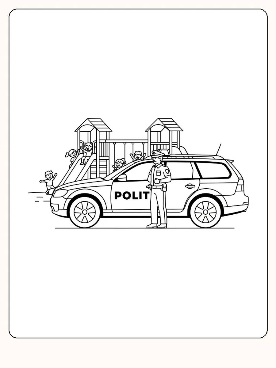 Fargelegging av politibil ved lekeplass med barn som leker