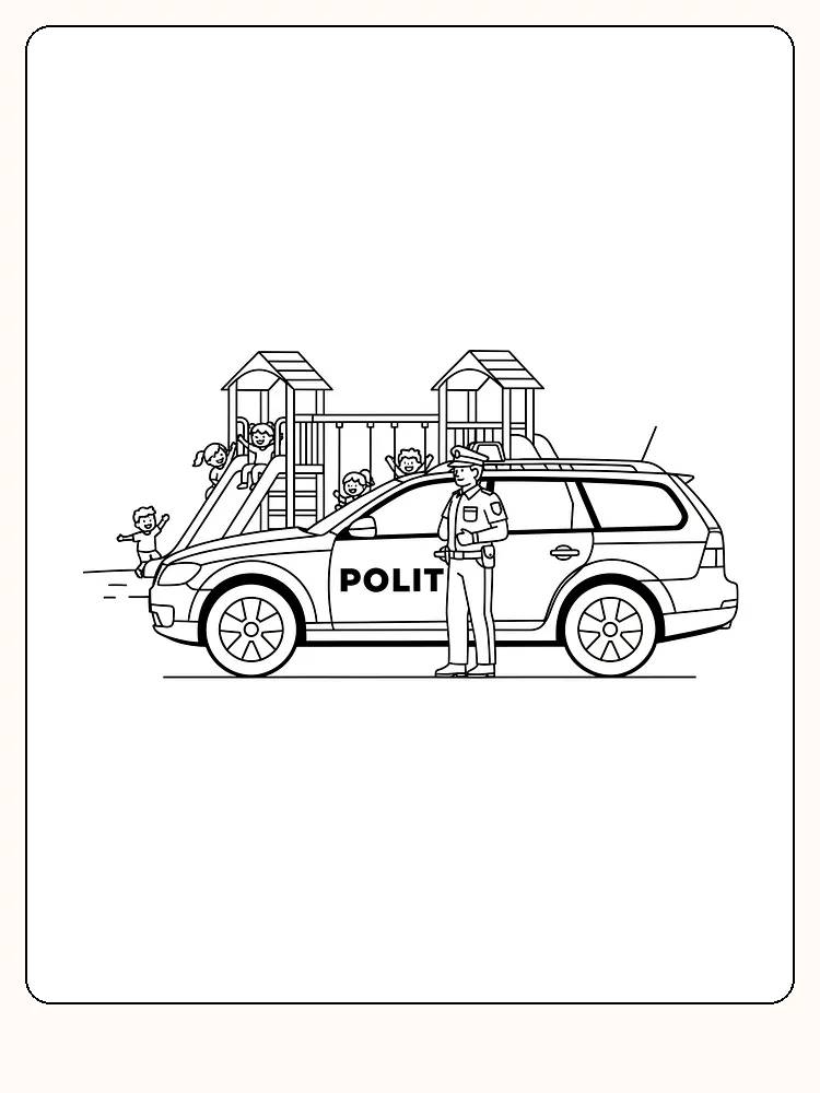 Fargelegging av politibil ved lekeplass med barn som leker