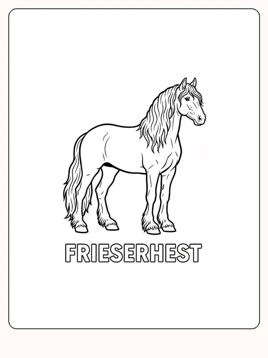 Fargeleggingsbilde av en frieserhest med elegant stor man, perfekt for barn å fargelegge