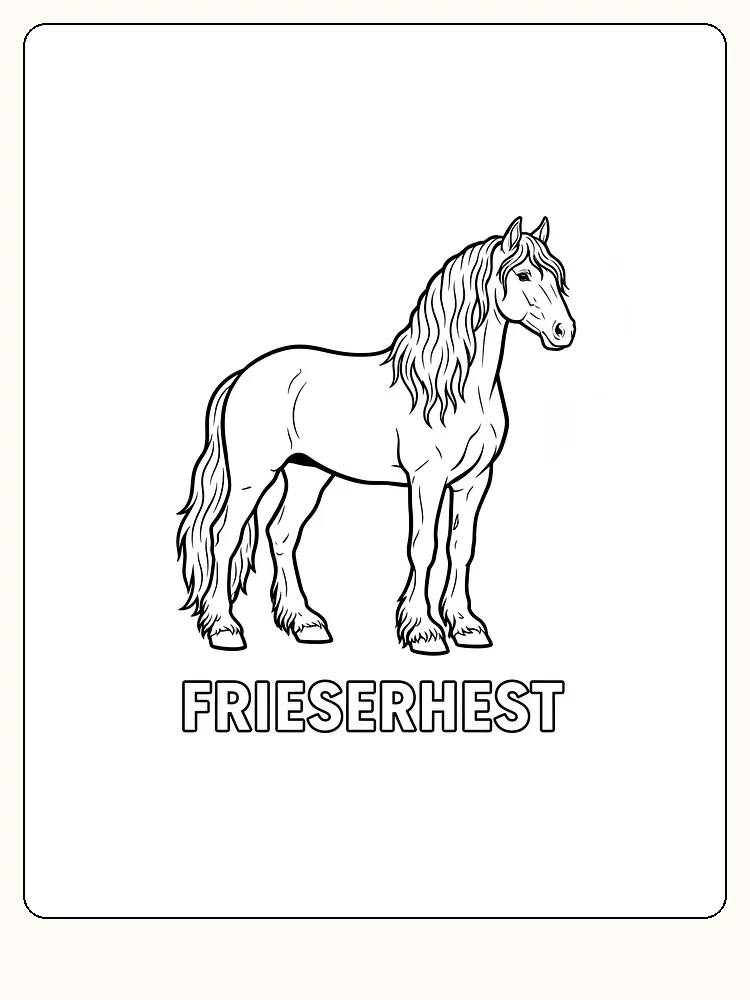 Fargeleggingsbilde av en frieserhest med elegant stor man, perfekt for barn å fargelegge