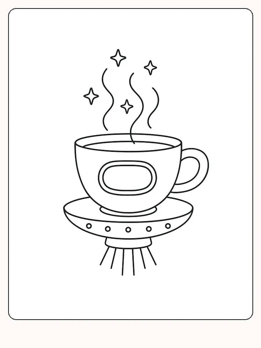 Tegning til farvelægning af kaffekop på rumskib med stjerner, klar til print og farvelægning