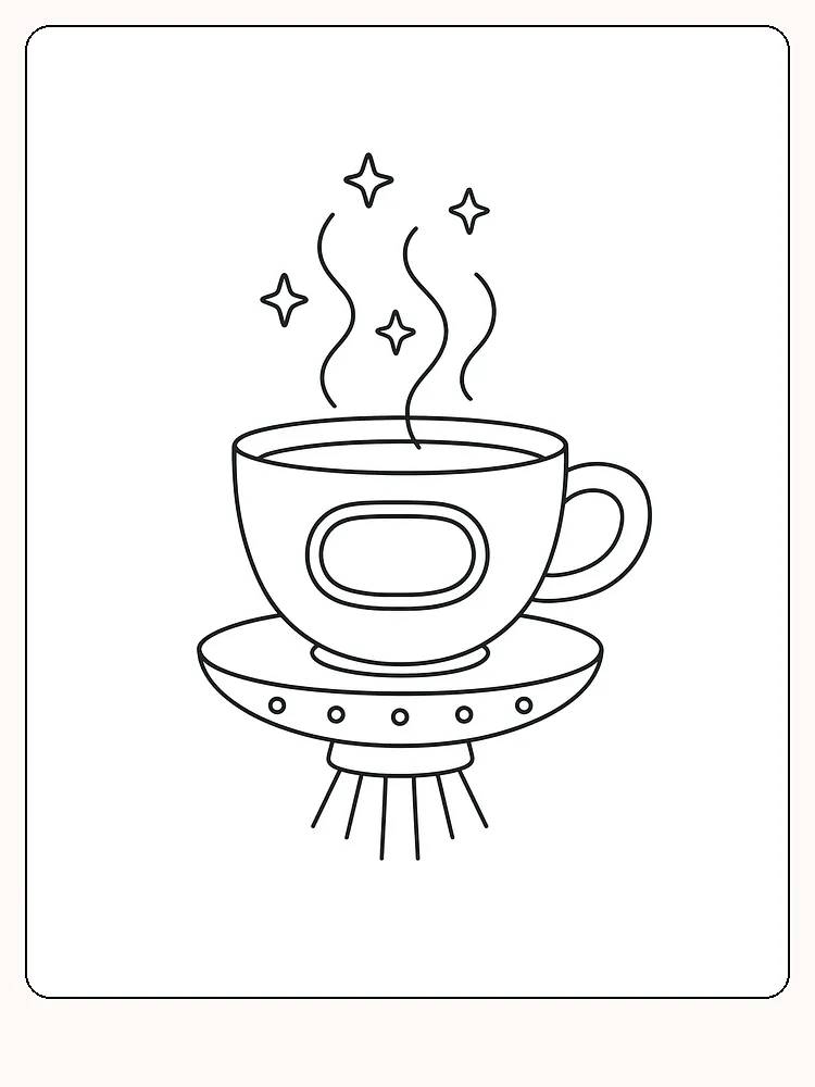 Tegning til farvelægning af kaffekop på rumskib med stjerner, klar til print og farvelægning