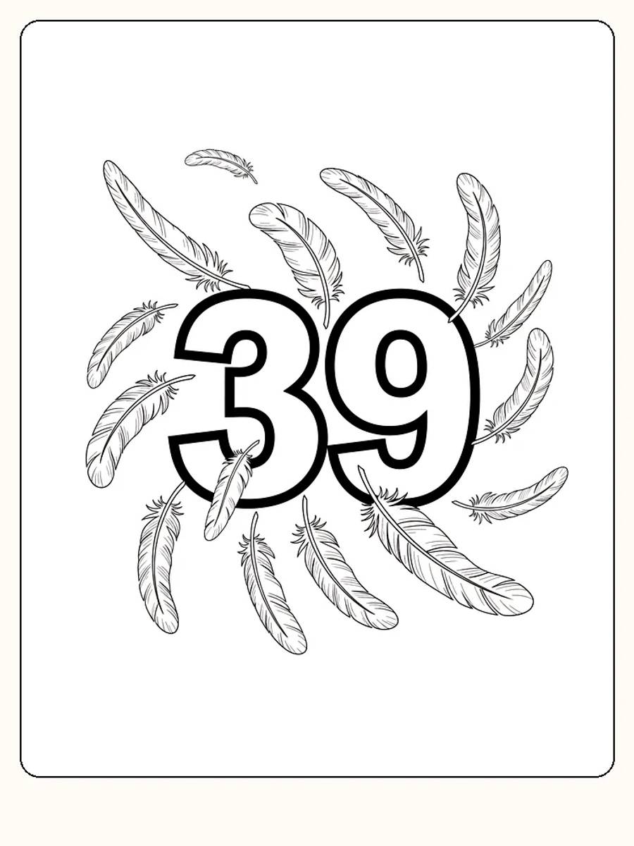 Ausmalbild mit der Zahl 39, umgeben von Federn, bereit zum Ausdrucken.