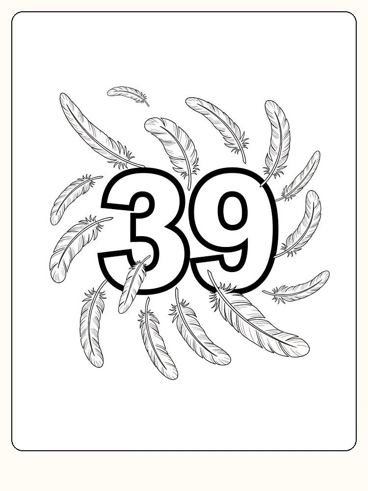 Ausmalbild mit der Zahl 39, umgeben von Federn, bereit zum Ausdrucken.