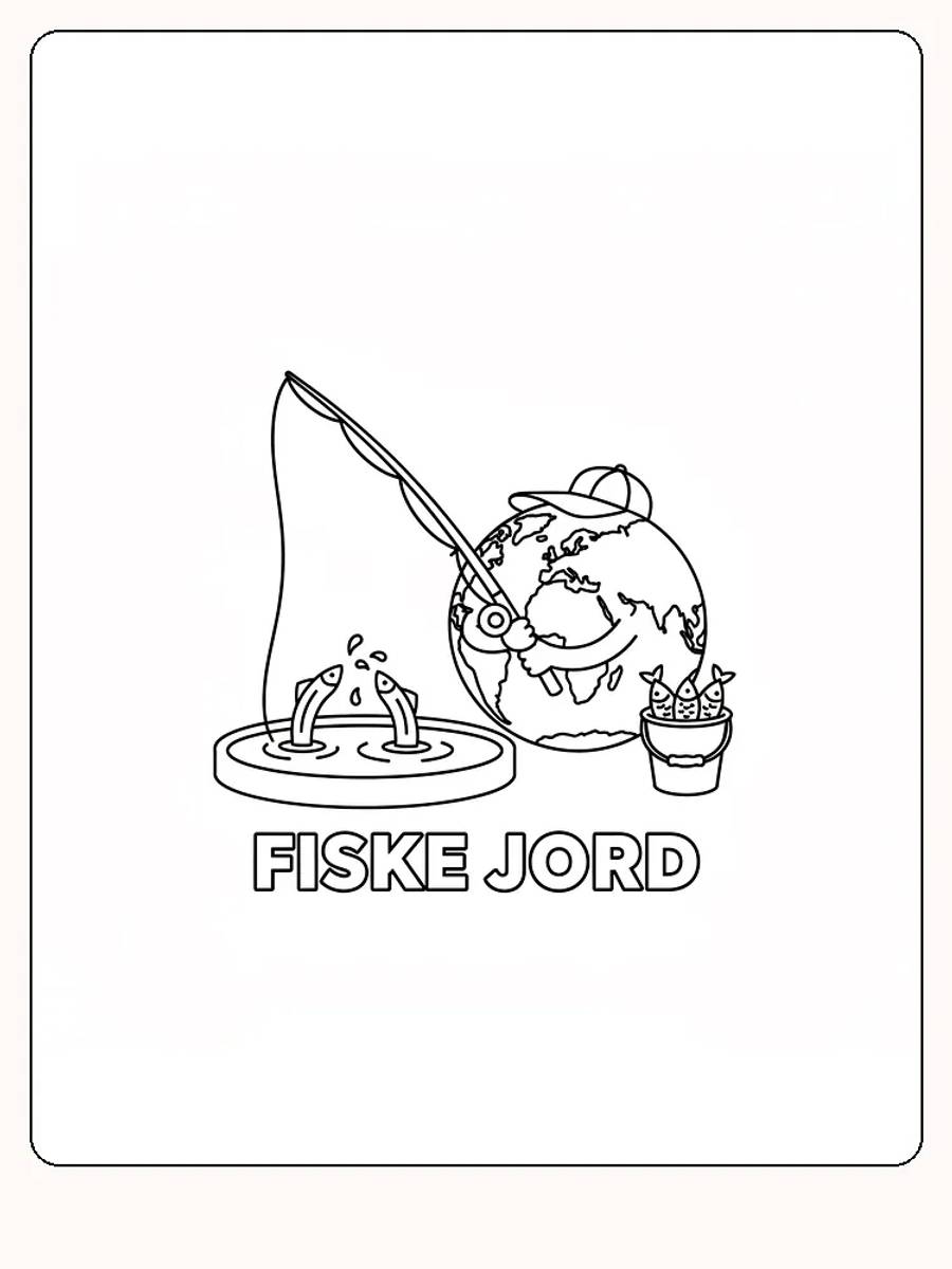 Tegning til farvelægning af jordkloden, der fisker med en fiskestang, klar til print