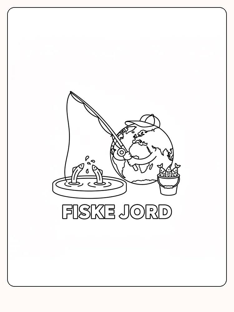 Tegning til farvelægning af jordkloden, der fisker med en fiskestang, klar til print