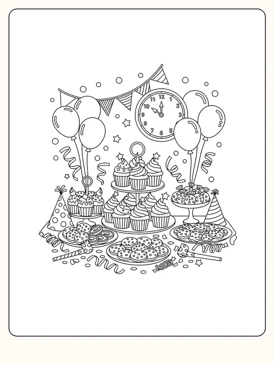 Fargeleggingstegning av bursdagsfest med cupcakes, ballonger og klokke som viser tolv