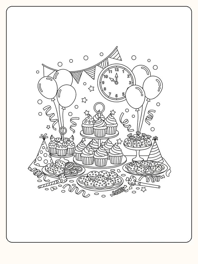 Fargeleggingstegning av bursdagsfest med cupcakes, ballonger og klokke som viser tolv