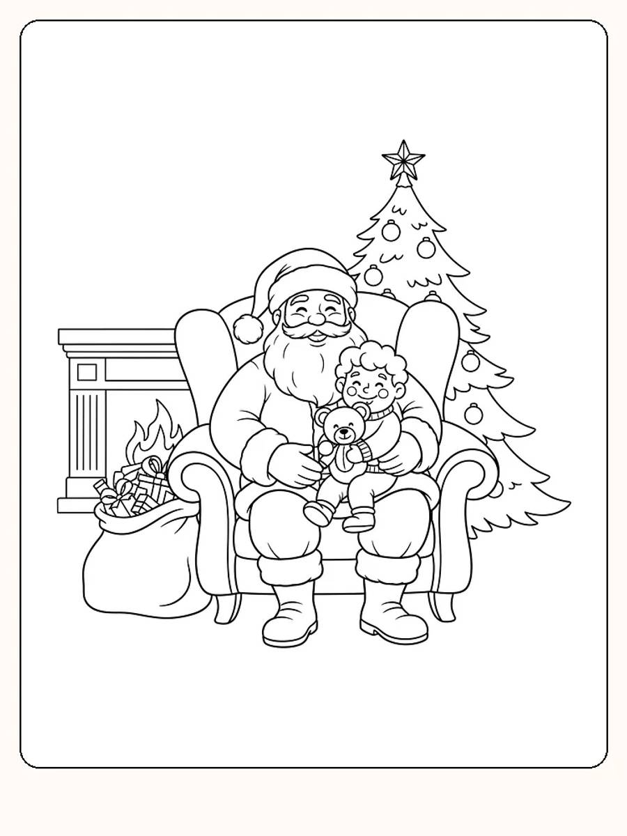 Tegning til farvelægning af julemand, der holder et barn med en bamse, foran pejs og juletræ