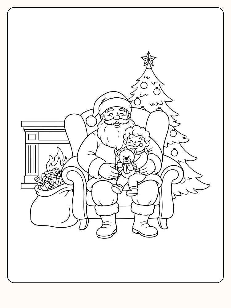Tegning til farvelægning af julemand, der holder et barn med en bamse, foran pejs og juletræ