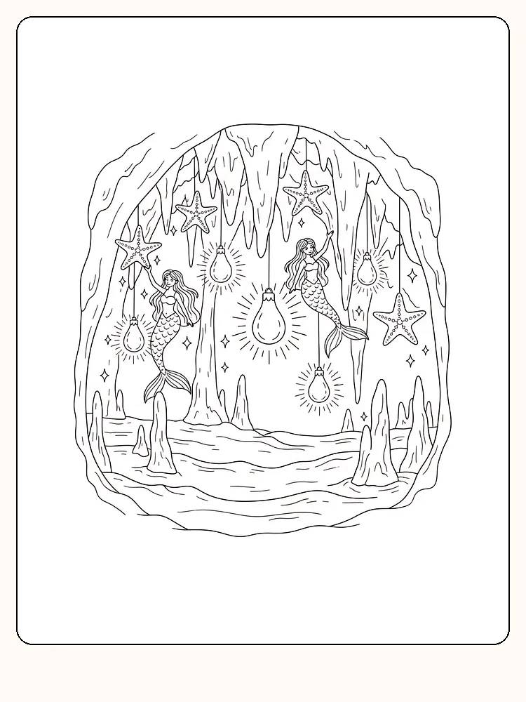 Tegning til farvelægning af havfruer i en grotte med glødende lys og søstjerner, klar til print